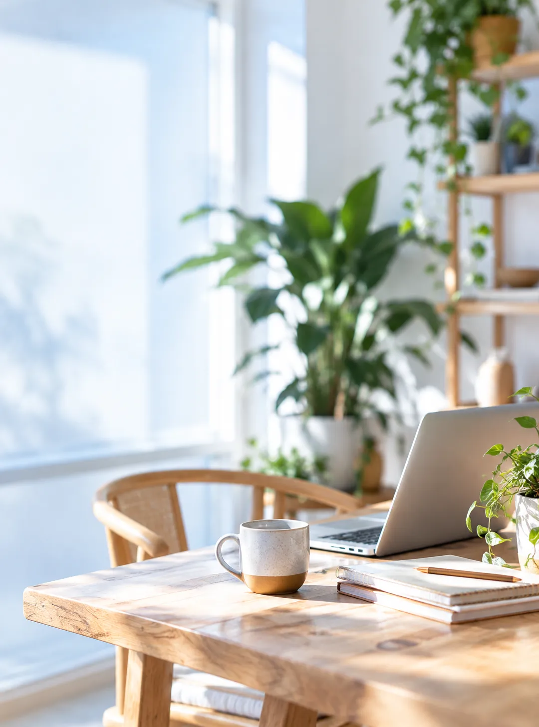 Sunlit workspace with a laptop, coffee mug, and plants